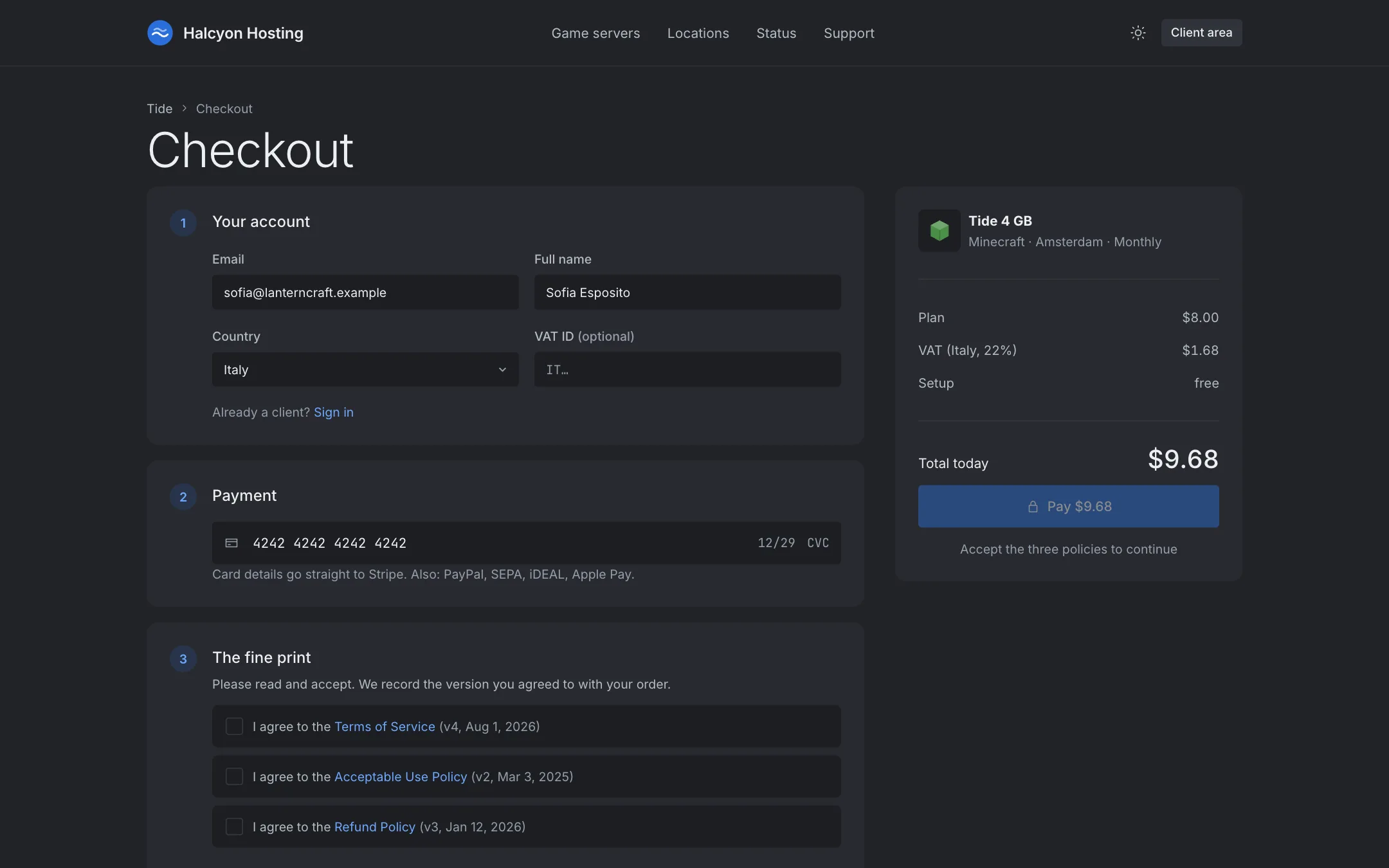 A storefront checkout with a plan, billing cycle, location and the policies to accept.
