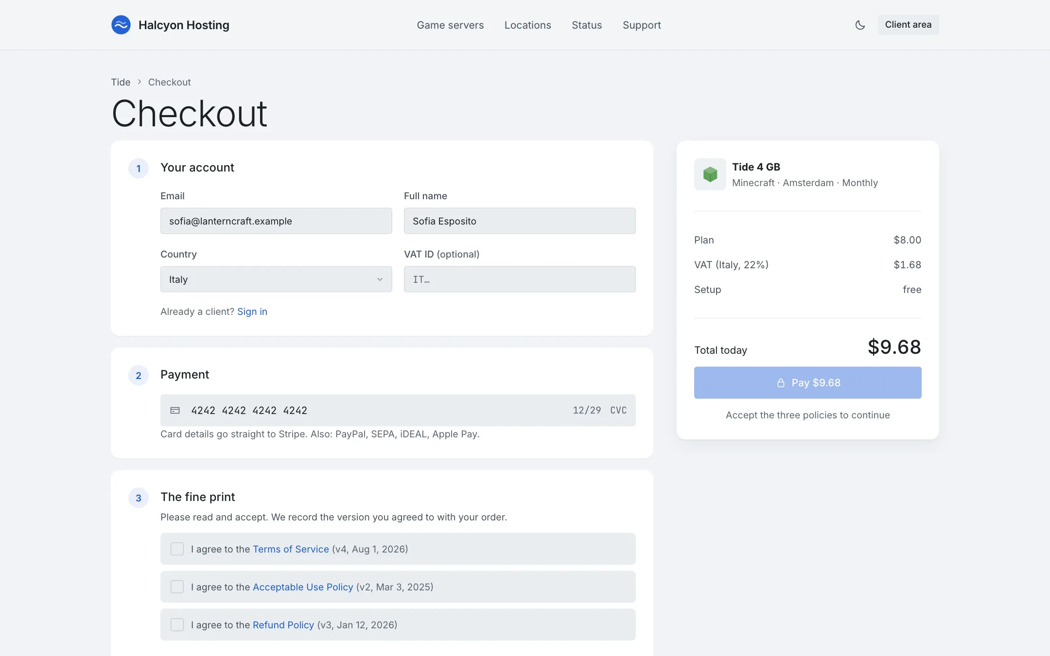A storefront checkout with a plan, billing cycle, location and the policies to accept.