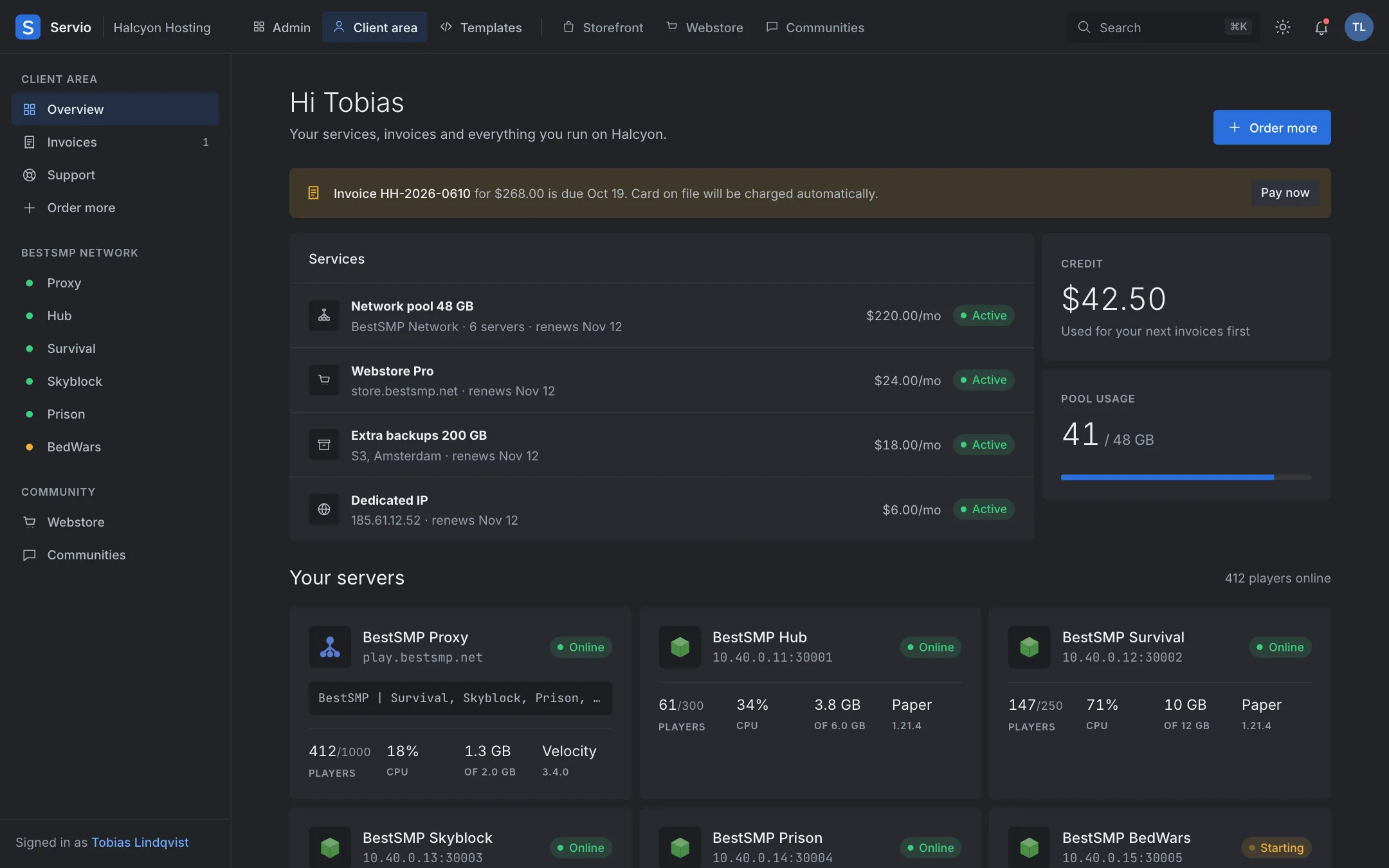 The client area: services, invoices and a game server.