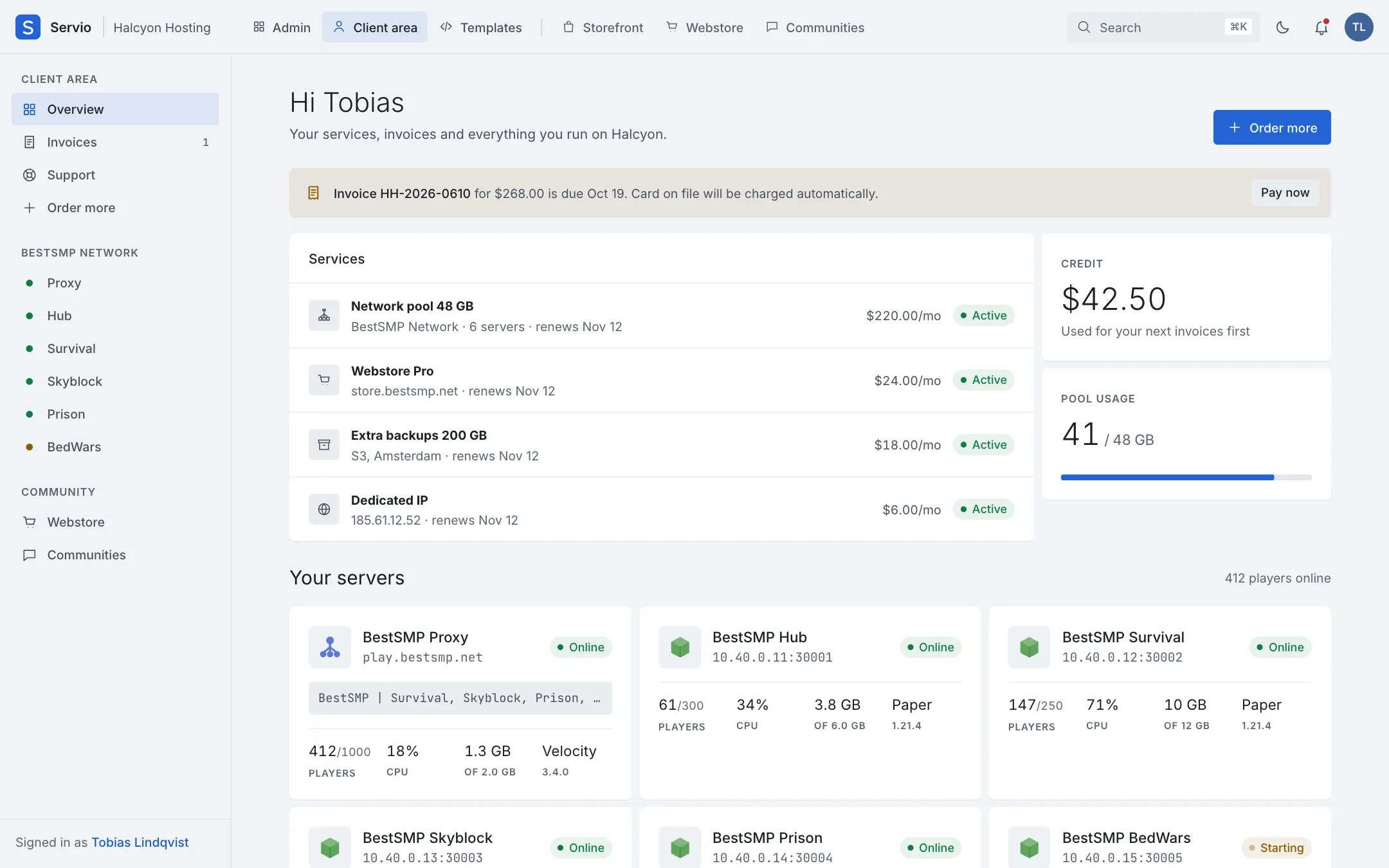 The client area: services, invoices and a game server.