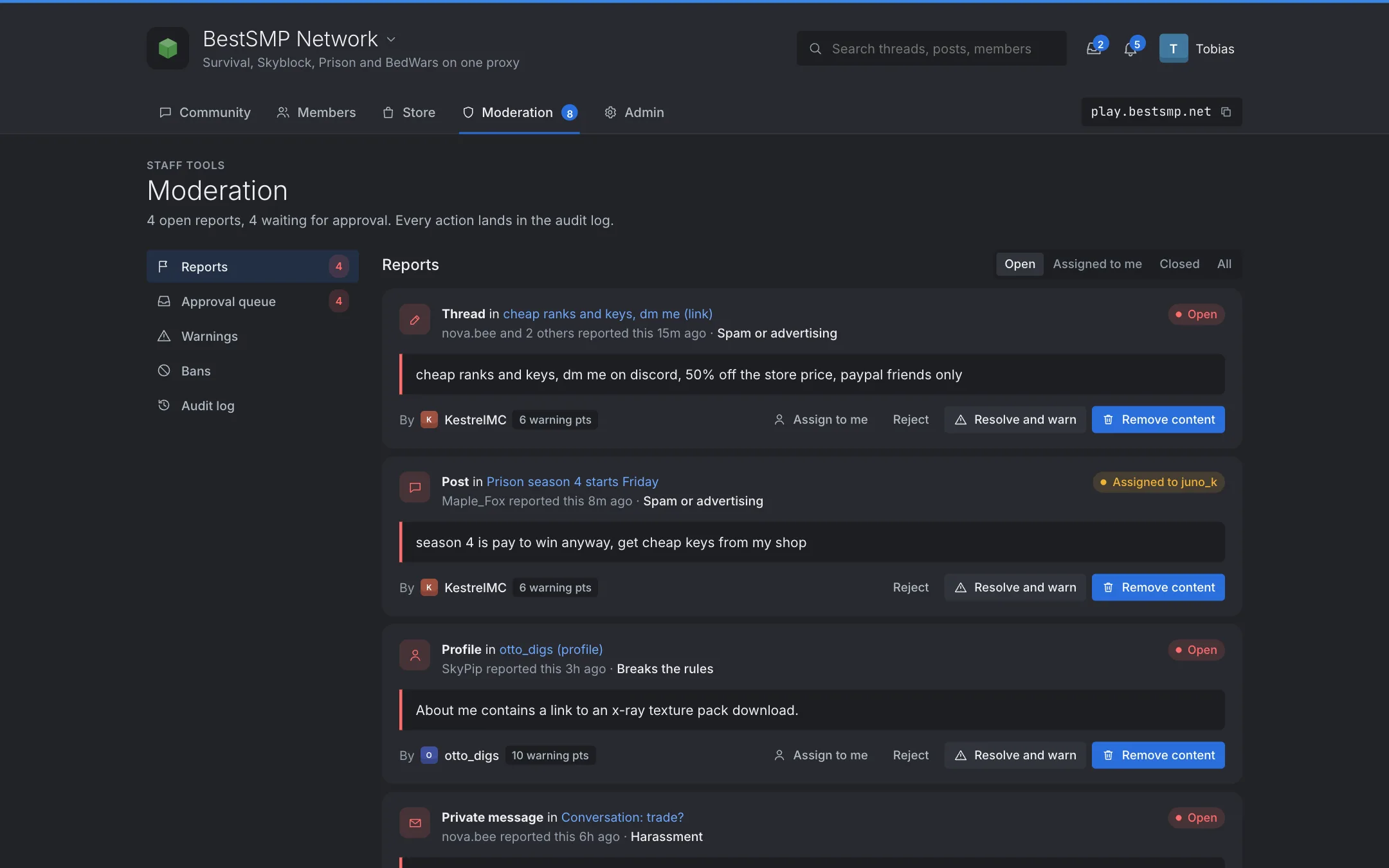 The moderation queue: reports with their reason, the reported post and actions.