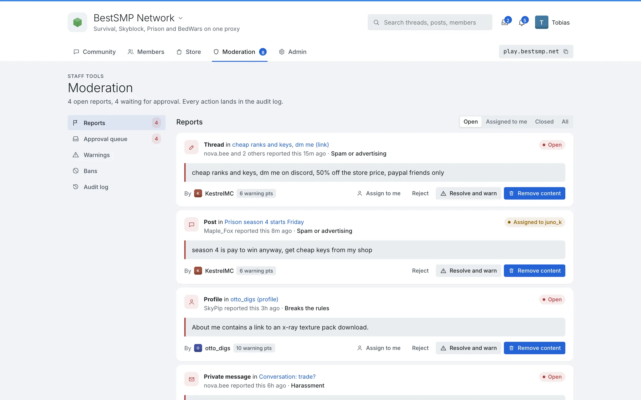 The moderation queue: reports with their reason, the reported post and actions.