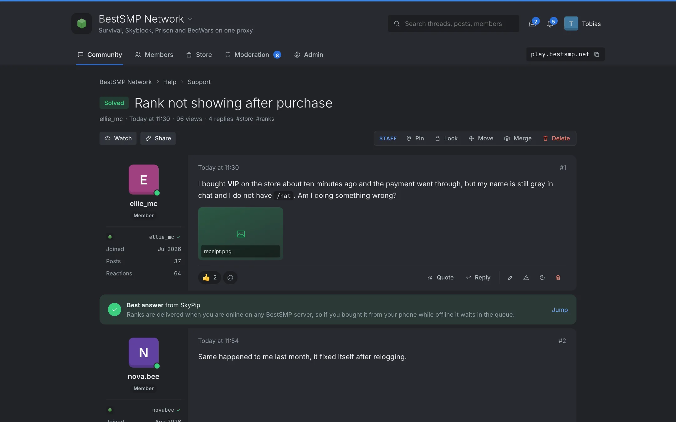 A support thread with a best answer, reactions and a staff badge.