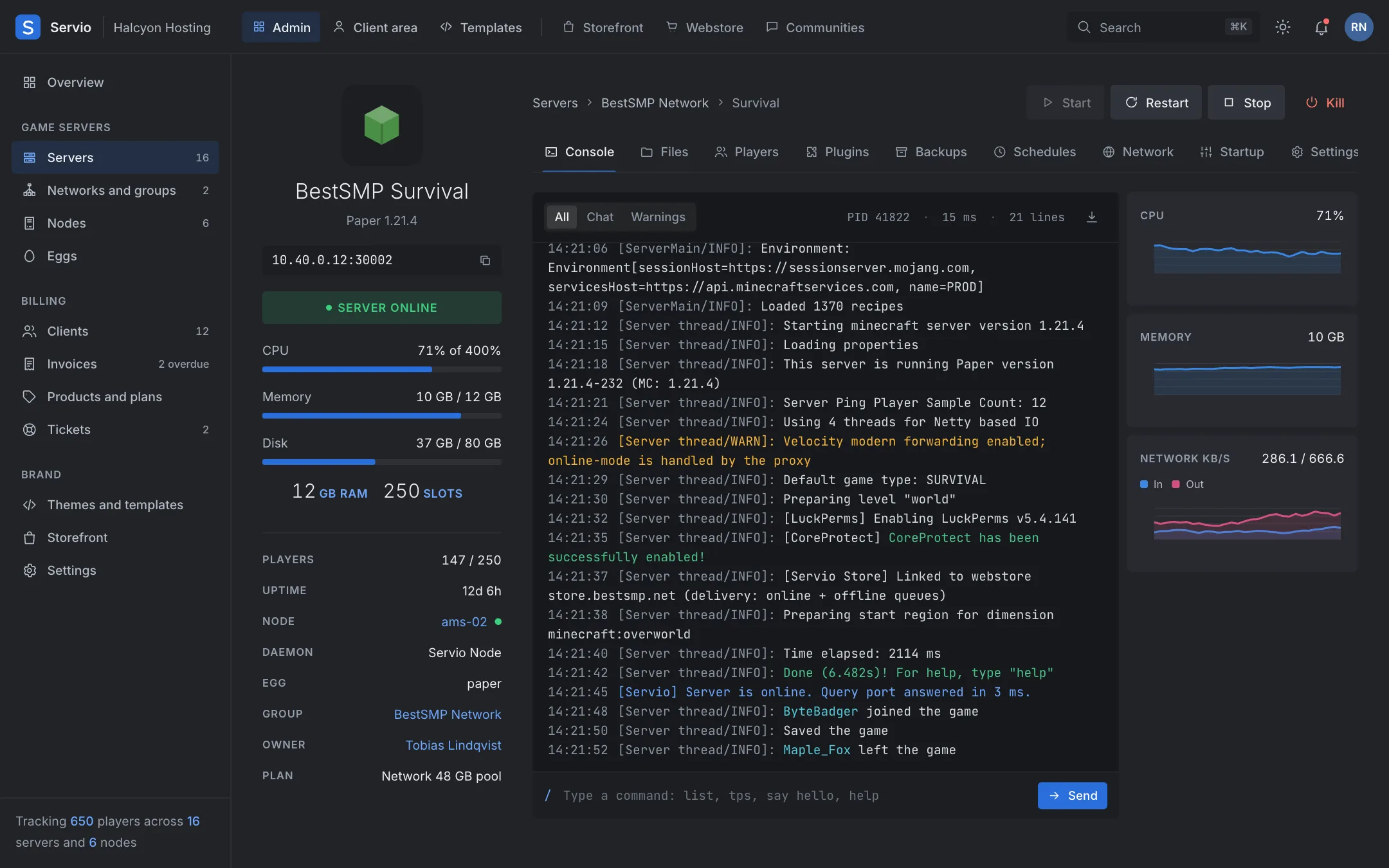 A Minecraft server page: info rail with address, CPU, memory and disk, and a live console.