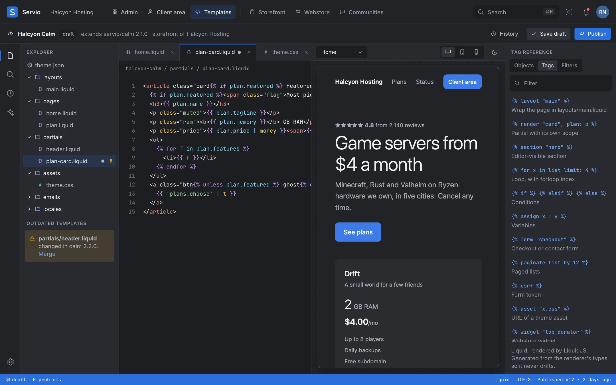 The template editor: file tree, a Liquid template, live preview and tag reference.