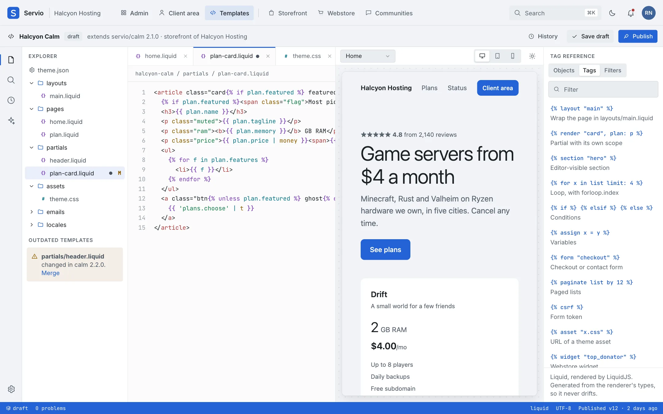 The template editor: file tree, a Liquid template, live preview and tag reference.