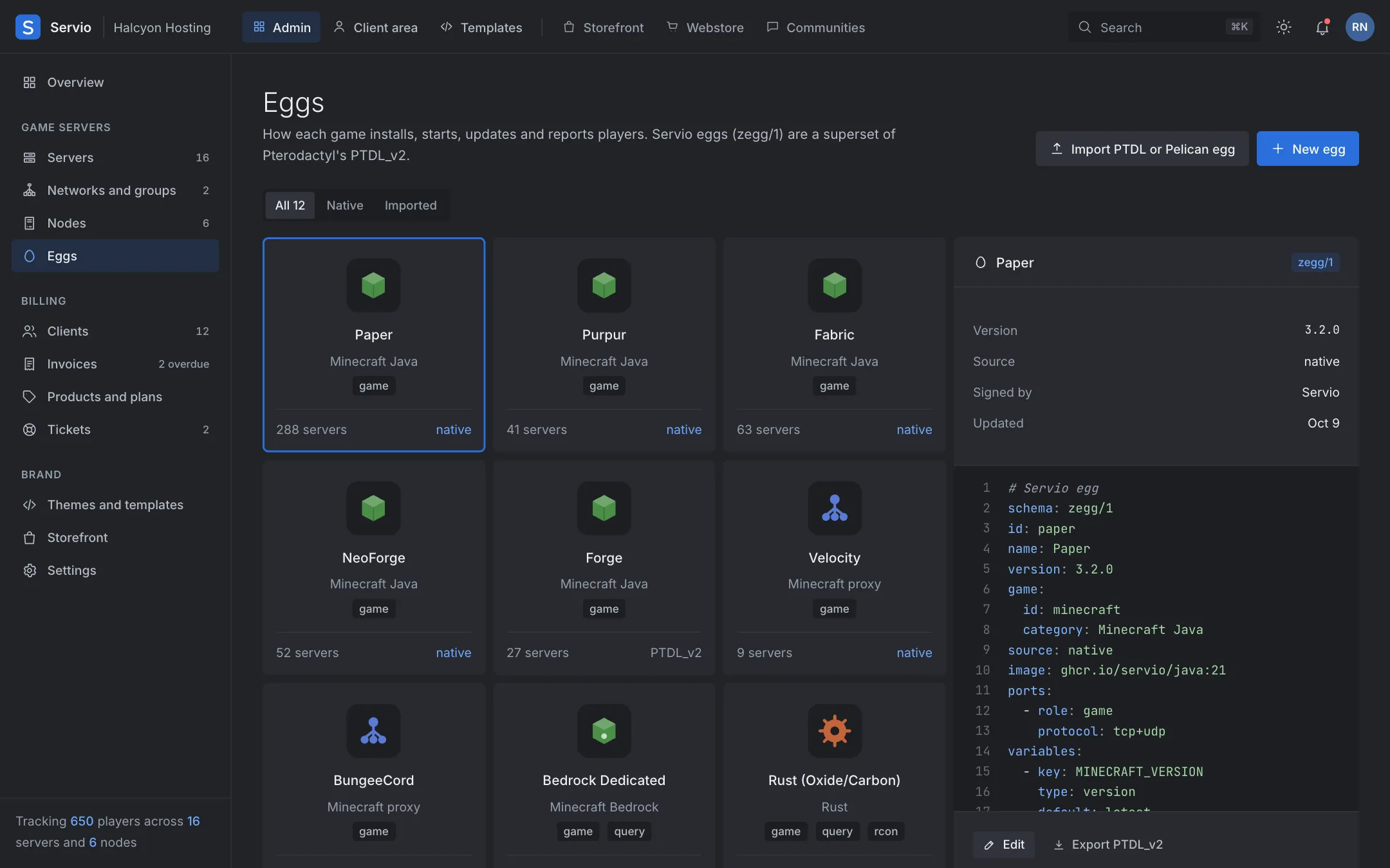 The Eggs page with an egg's definition: variables, port roles and install steps.