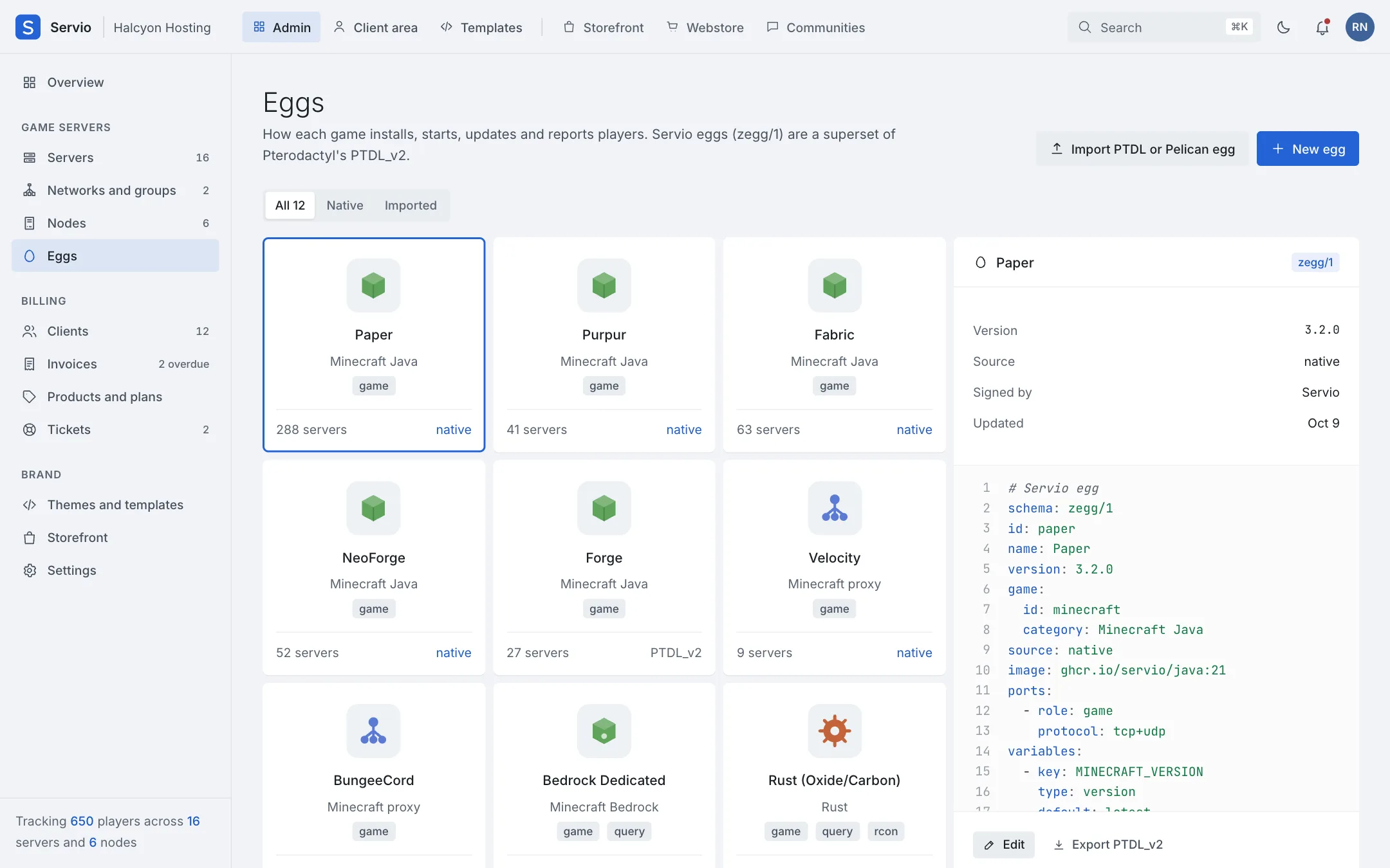 The Eggs page with an egg's definition: variables, port roles and install steps.