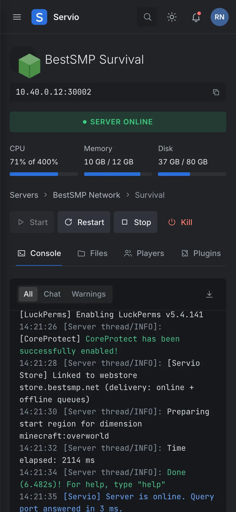 The server console on a phone.