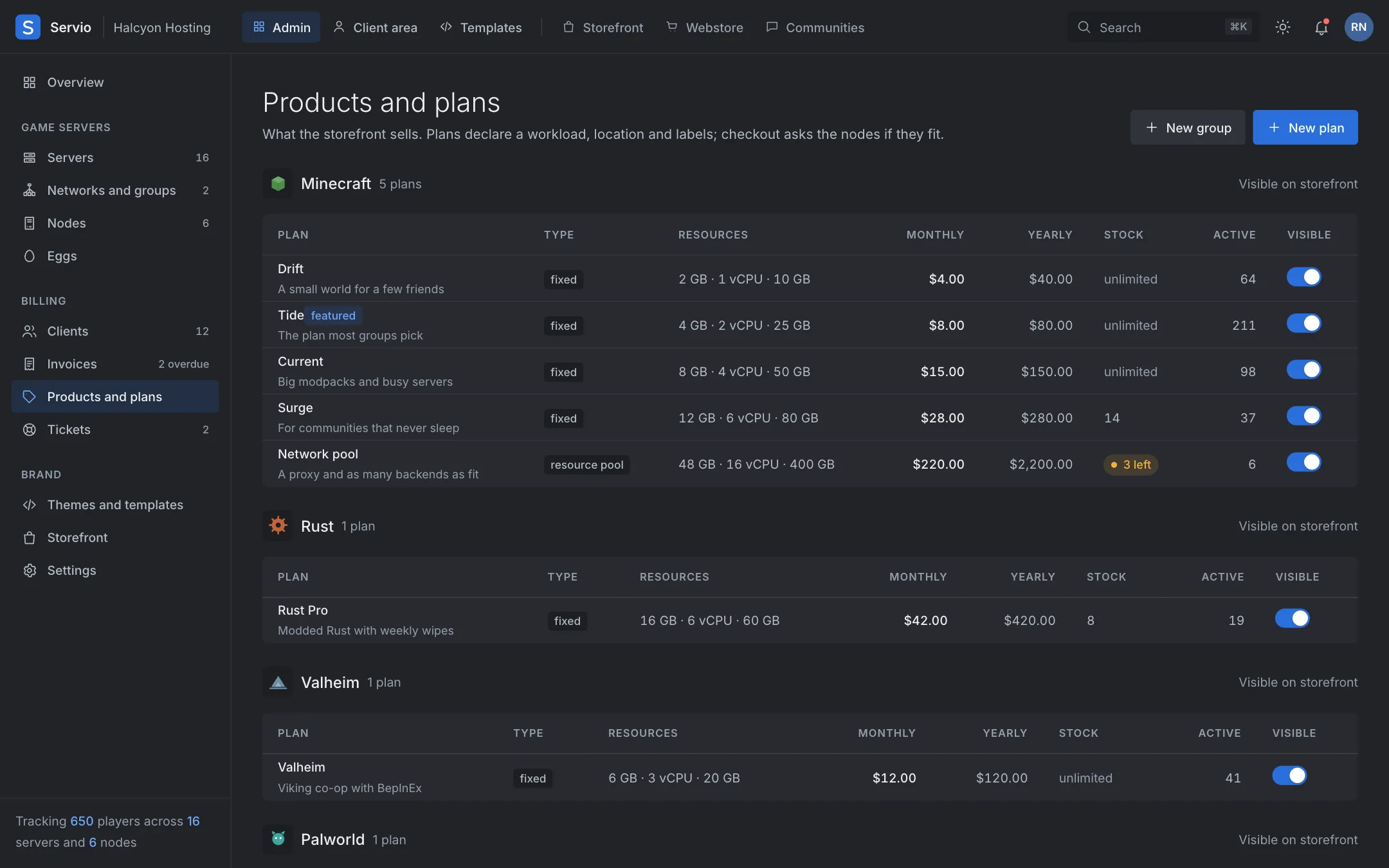 Products and plans for a hosting company, with prices, resources and stock.