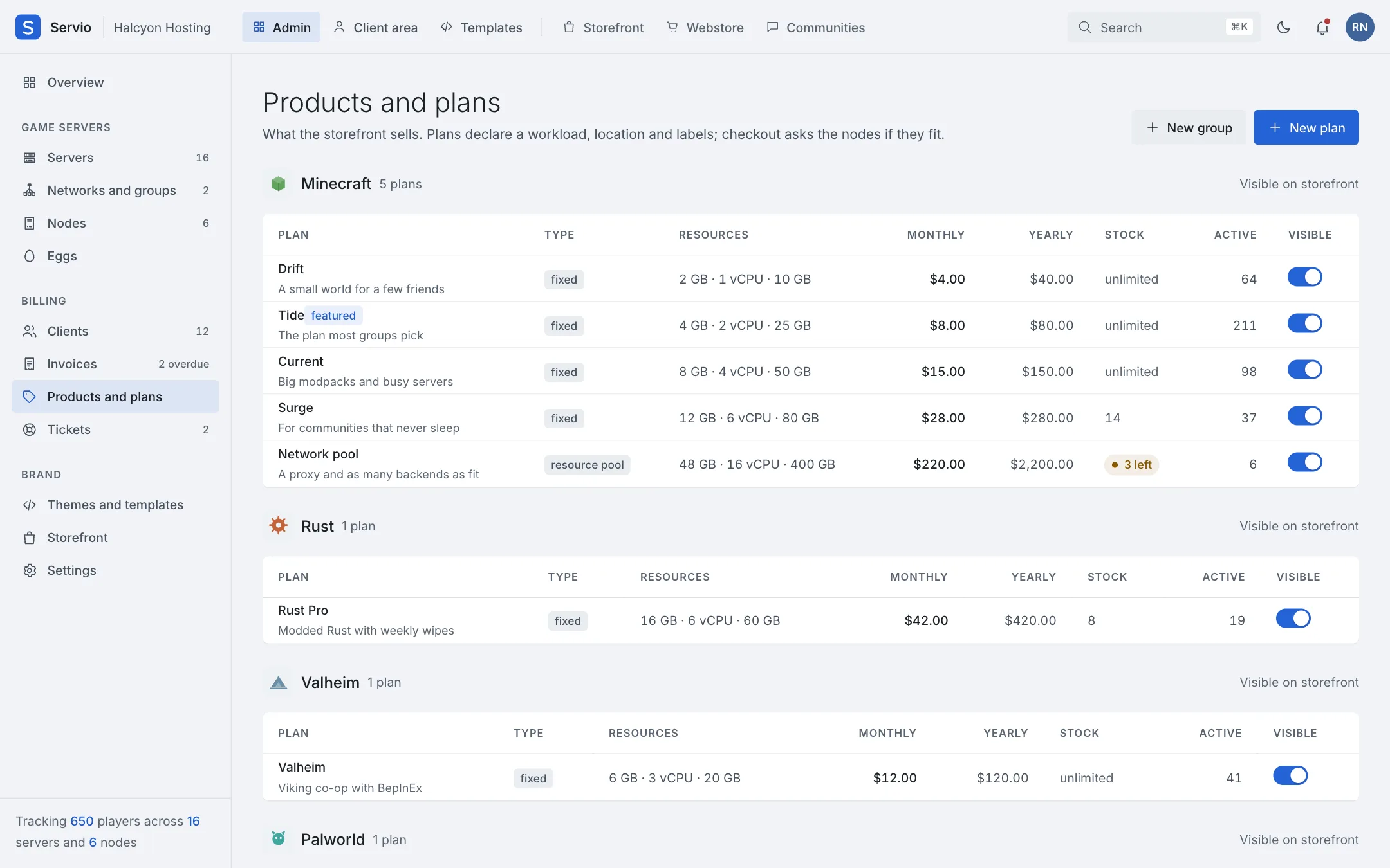 Products and plans for a hosting company, with prices, resources and stock.