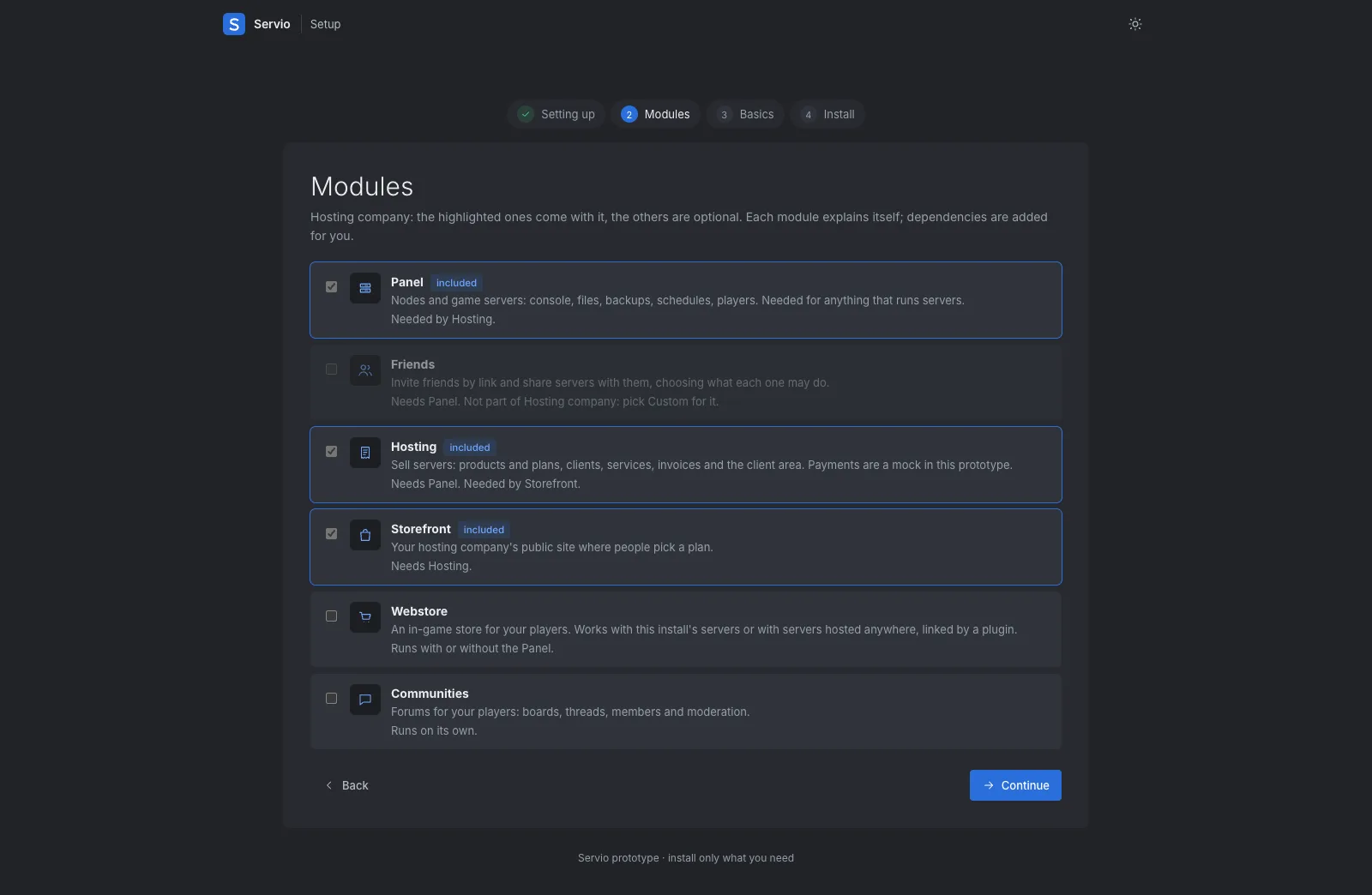 The setup wizard's modules step for a hosting company: Panel, Hosting and Storefront included, Webstore and Communities optional.