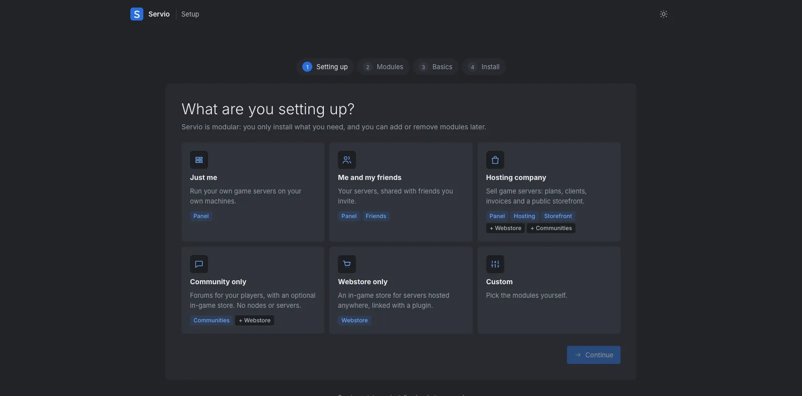 Servio's setup wizard asking what you're setting up, with six presets.