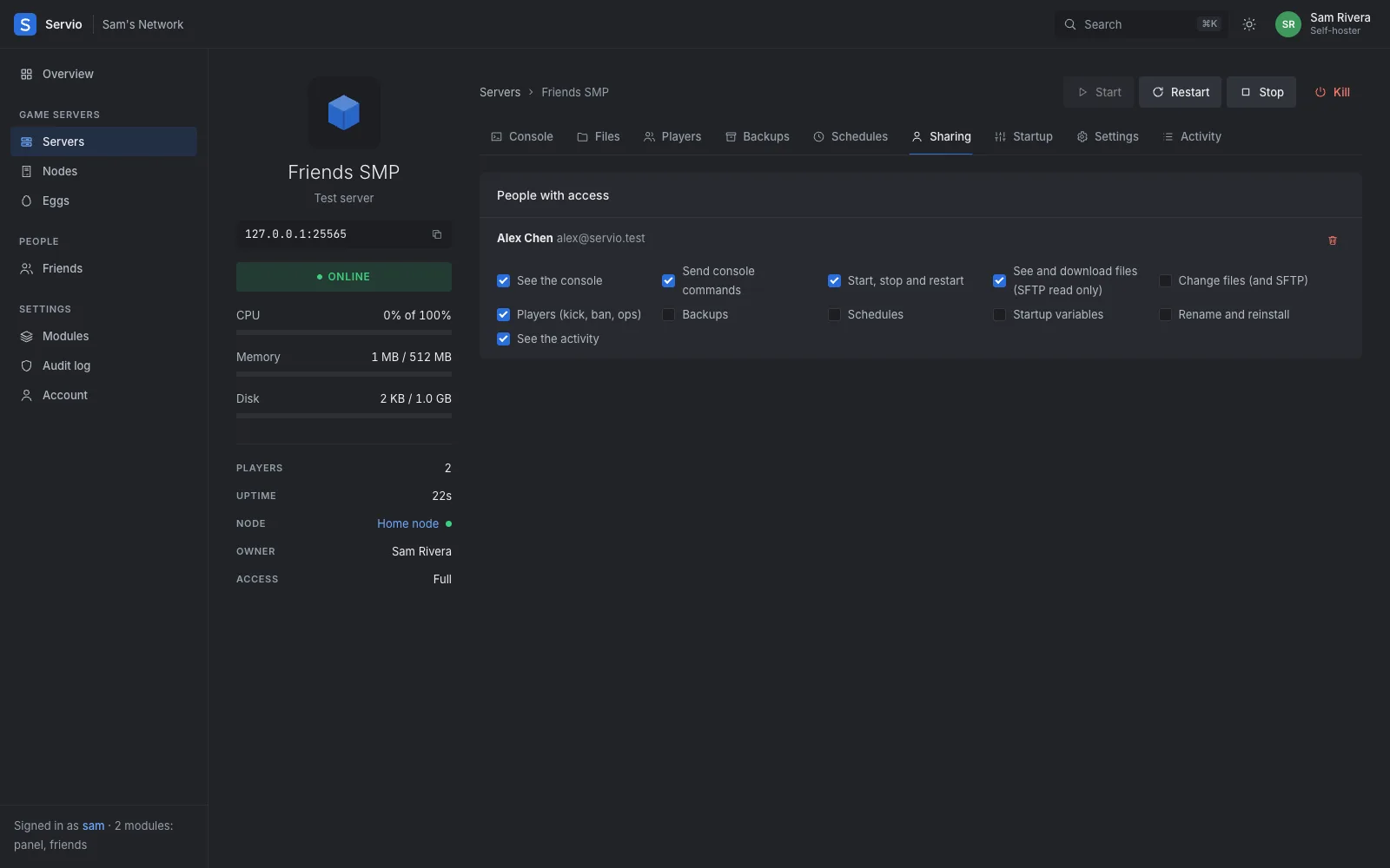 Sharing a server with a friend: checkboxes for console, power, files, players, backups and schedules.