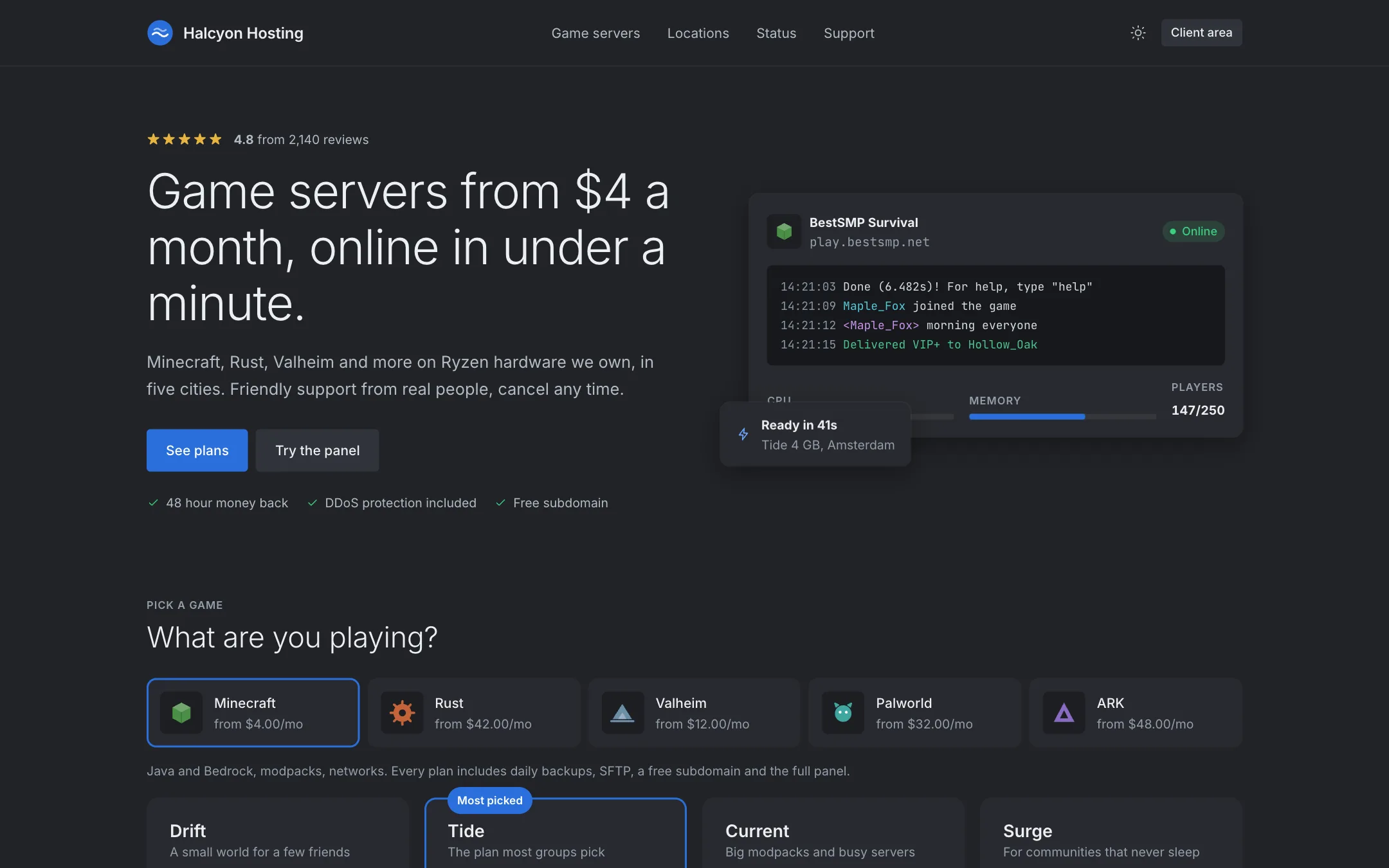 A hosting storefront built on Servio, with plans, locations and the game picker.