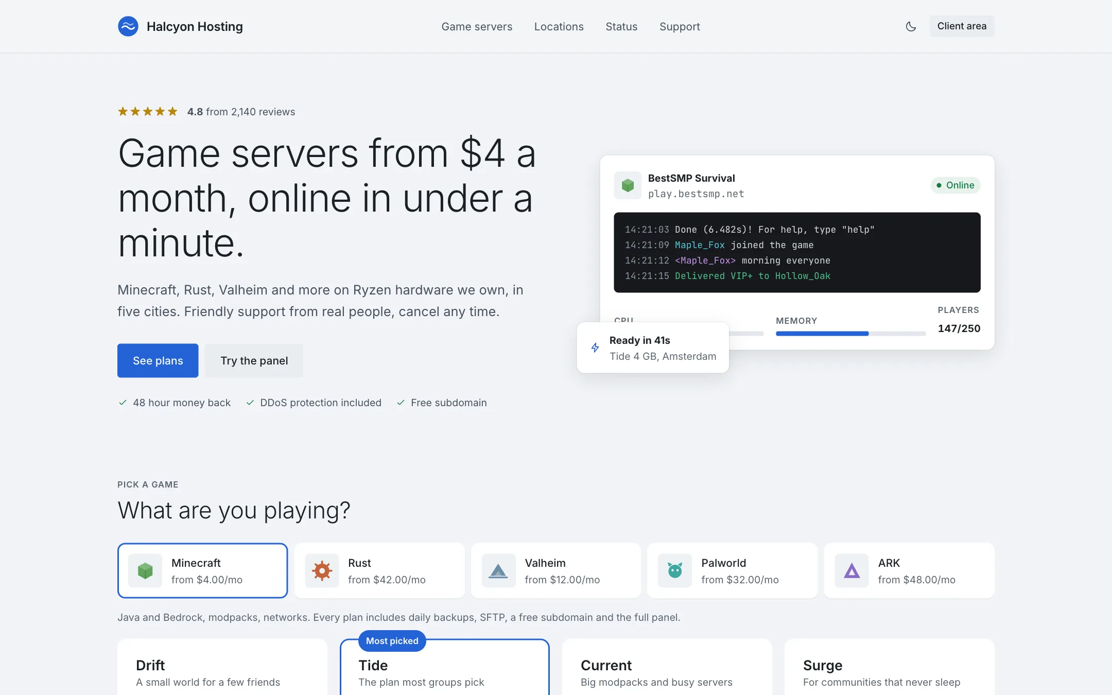 A hosting storefront built on Servio, with plans, locations and the game picker.
