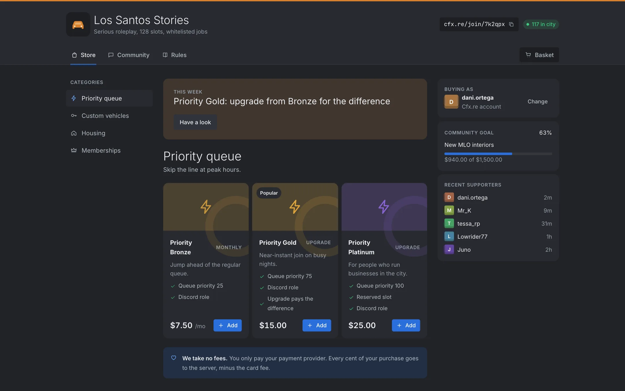 FiveM webstore with priority queue packages.