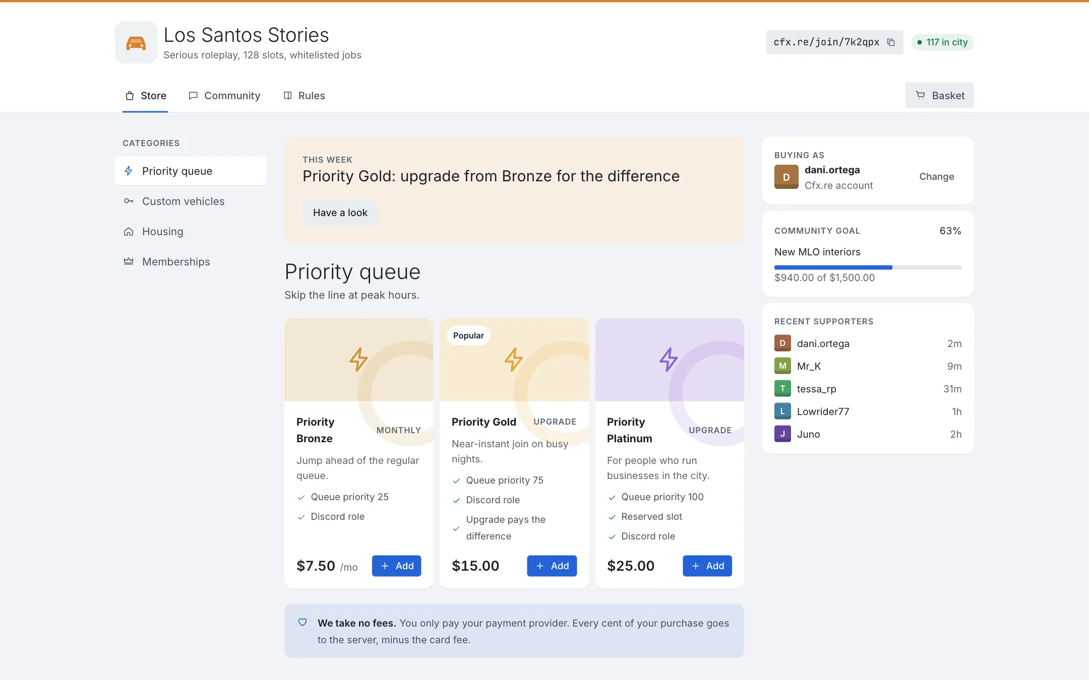 FiveM webstore with priority queue packages.