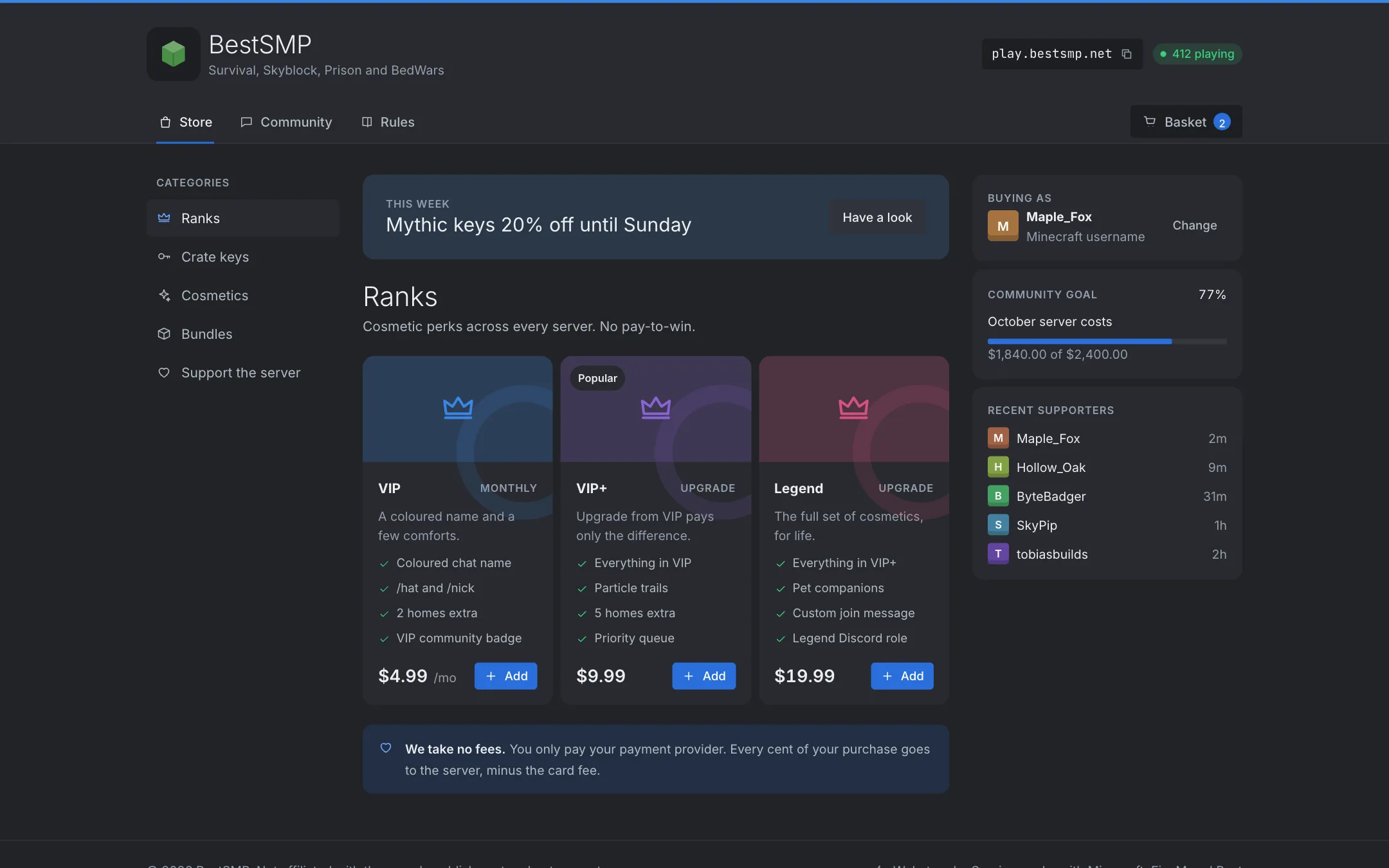 A Minecraft webstore with ranks, a basket and a community goal.
