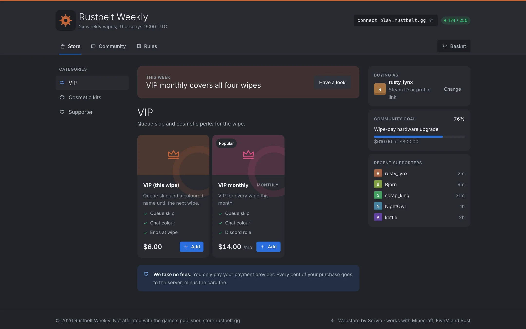 A Rust webstore with kits and VIP packages.