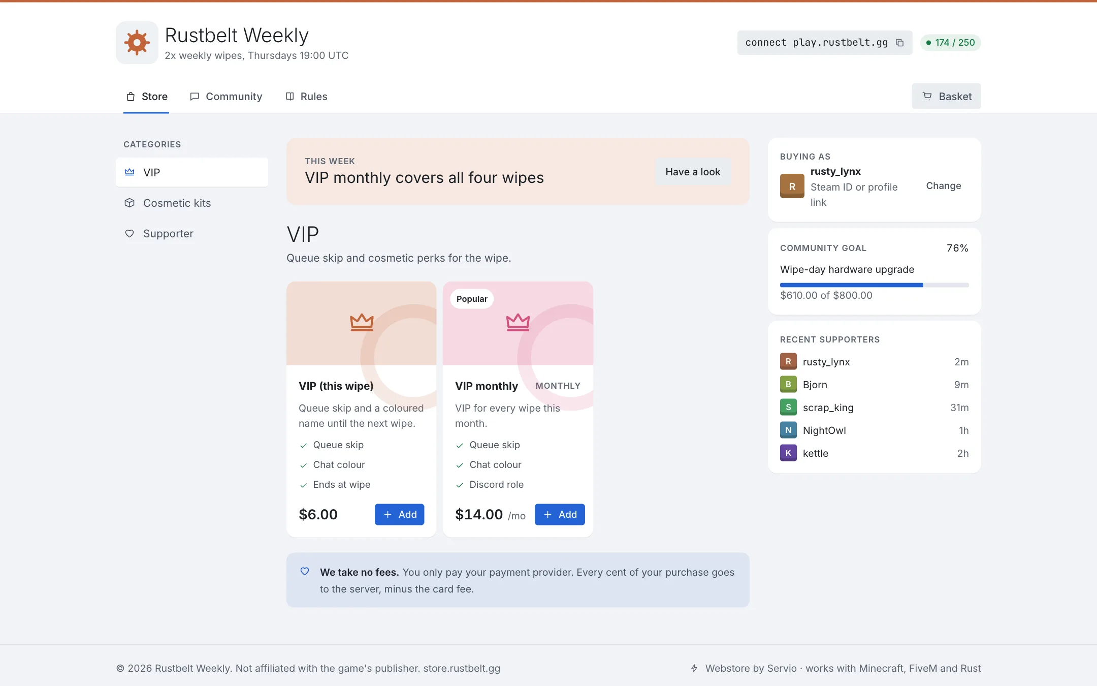 A Rust webstore with kits and VIP packages.